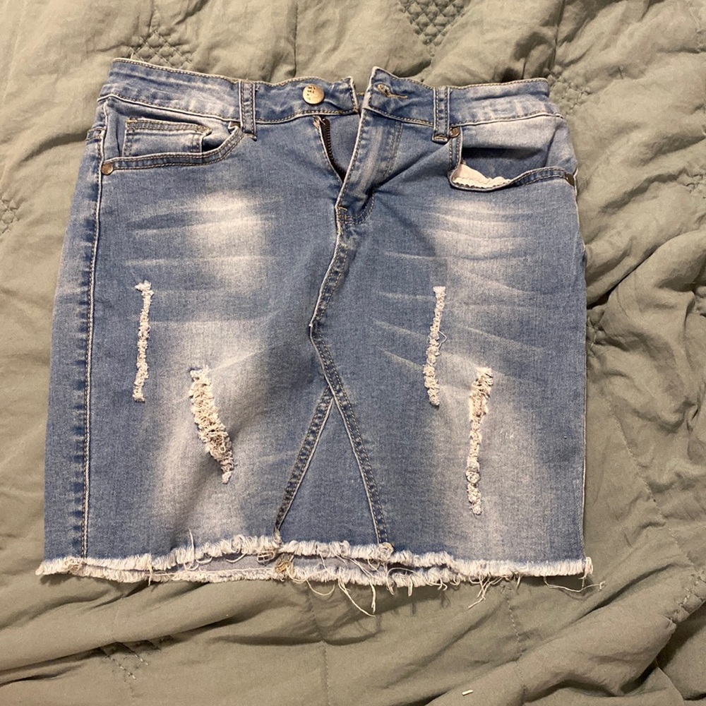 Distressed jean skirt, Between Us brand, small, mini skirt, great condition.